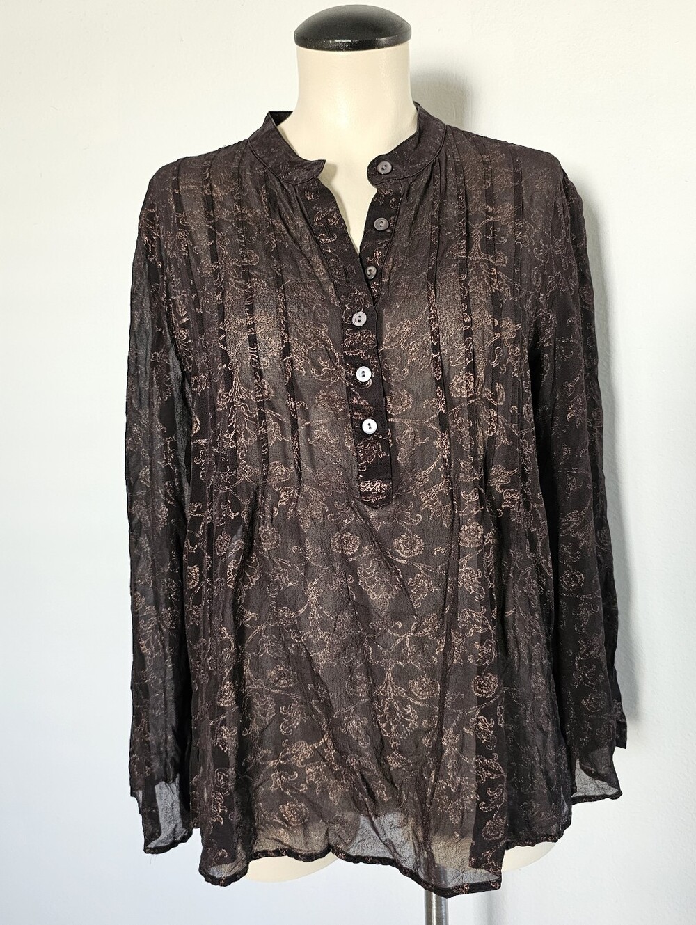 Chico's Silk Brown Paisley Boho Peasant Sparkly Sheer Half-Button Front Blouse